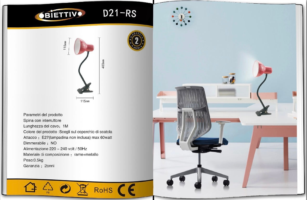Lampada da Tavolo con Pinza – Attacco E27, Braccio Flessibile 40 cm, Metallo, Luce Direzionabile, Max 60W – Studio, Scrivania, Cameretta D21