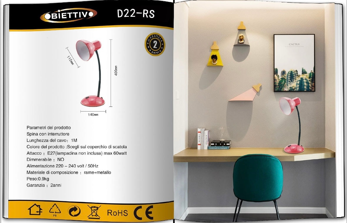Lampada da Tavolo con Flessibile, Attacco E27, Metallo, Interruttore, Base Stabile – Lampada Scrivania Moderna per Studio, Ufficio, Cameretta D22