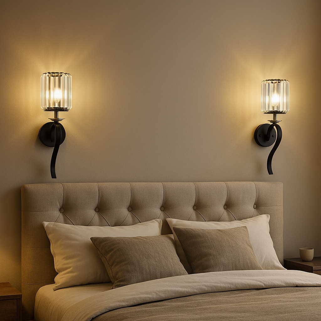 TEKHOME Applique da Parete in Cristallo Nero E36-1, Portalampada E14, Lampada da Muro Classica in Metallo e Vetro per Soggiorno, Camera e Corridoio