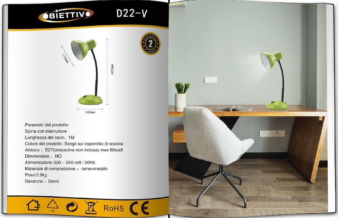 Lampada da Tavolo con Flessibile, Attacco E27, Metallo, Interruttore, Base Stabile – Lampada Scrivania Moderna per Studio, Ufficio, Cameretta D22
