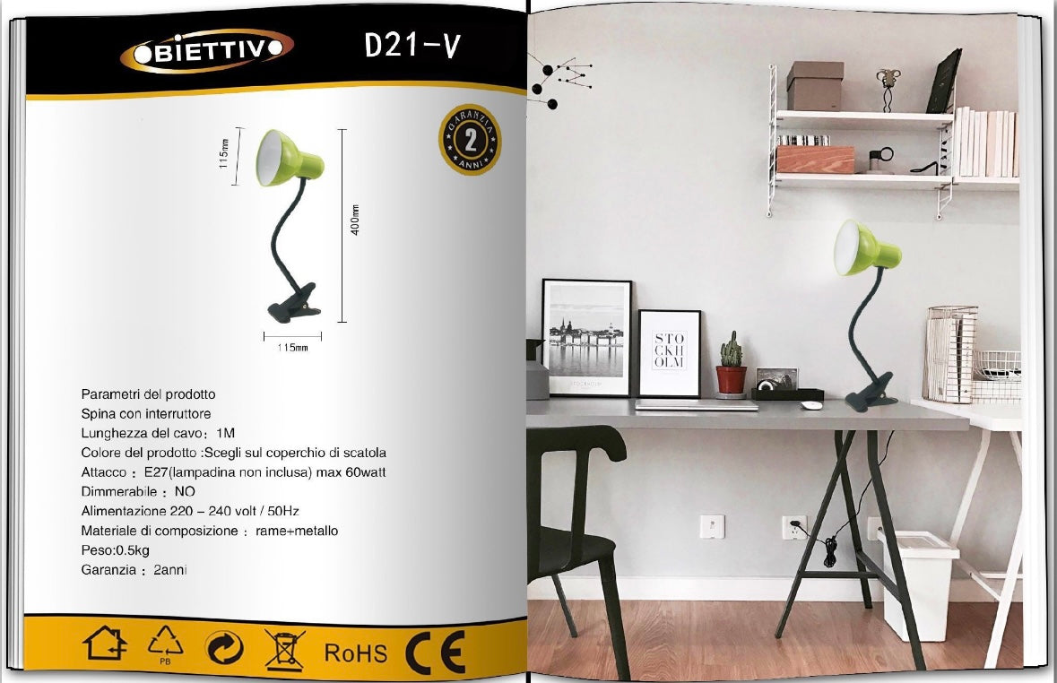 Lampada da Tavolo con Pinza – Attacco E27, Braccio Flessibile 40 cm, Metallo, Luce Direzionabile, Max 60W – Studio, Scrivania, Cameretta D21
