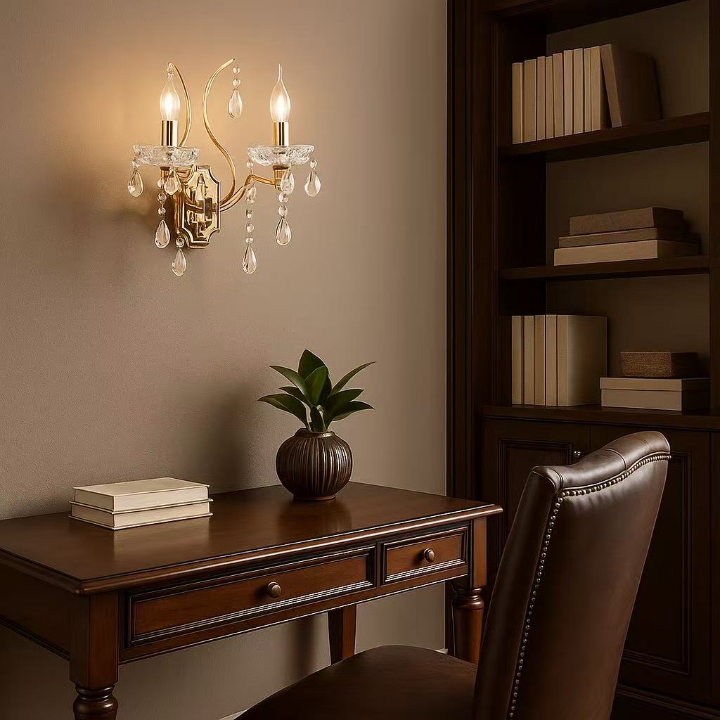 TEKHOME Applique da Parete Classica con Cristalli, 2XE14, Oro, Lampada da Parete in Stile Candelabro per Soggiorno, Camera da Letto, Corridoio E68-2