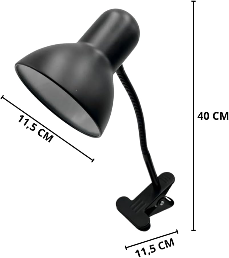Lampada da Tavolo con Pinza – Attacco E27, Braccio Flessibile 40 cm, Metallo, Luce Direzionabile, Max 60W – Studio, Scrivania, Cameretta D21