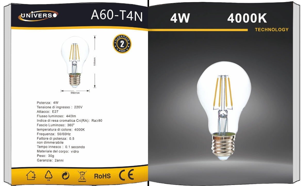 Lampadine LED E27 A60 4W, Confezione da 5 Pezzi, 440LM, 3000K/4000K/6500K, Lampadine in Vetro Trasparente, Luce a 360°, Basso Consumo Energetico, Modello A60-T4