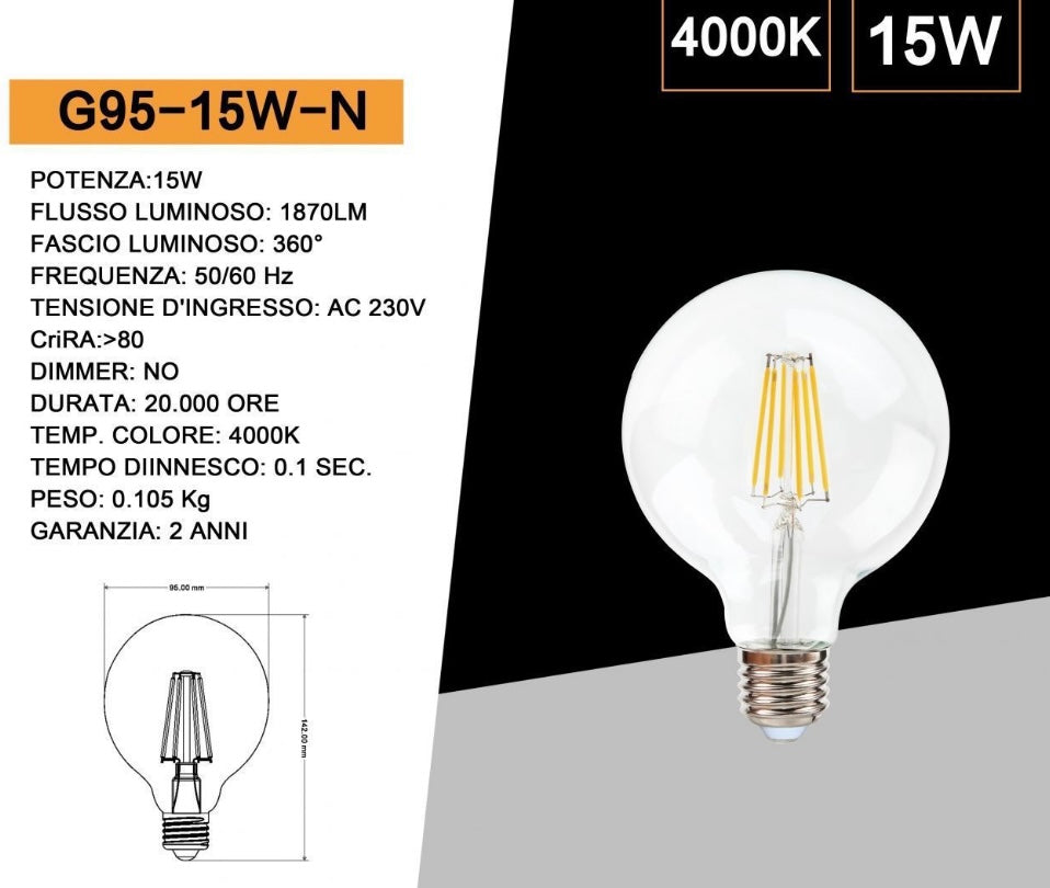 Lampadine LED E27 G95 15W, Confezione da 5 Pezzi, 1870LM, Luce 3000K/4000K/6500K, Globo Grande in Vetro Trasparente Ø95mm, Illuminazione a 360°, Basso Consumo Energetico, Modello G95-15W