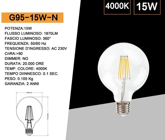 Lampadine LED E27 G95 15W, Confezione da 5 Pezzi, 1870LM, Luce 3000K/4000K/6500K, Globo Grande in Vetro Trasparente Ø95mm, Illuminazione a 360°, Basso Consumo Energetico, Modello G95-15W