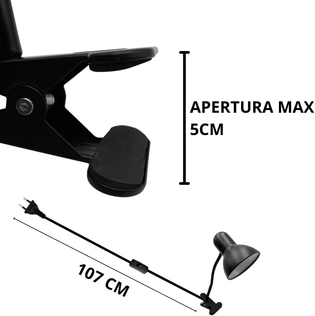 Lampada da Tavolo con Pinza – Attacco E27, Braccio Flessibile 40 cm, Metallo, Luce Direzionabile, Max 60W – Studio, Scrivania, Cameretta D21