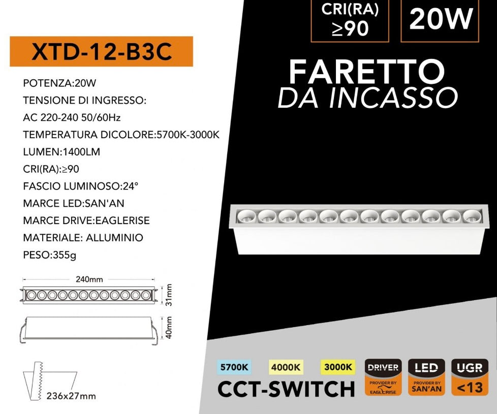 Faretto LED Lineare da Incasso 20W, CCT Switch 3000K/4000K/5700K, CRI≥90, UGR<13, Luce Antiriflesso, 12 LED, Faretto Rettangolare da Soffitto per Negozi, Uffici e Casa, Bianco/Nero, XTD-12