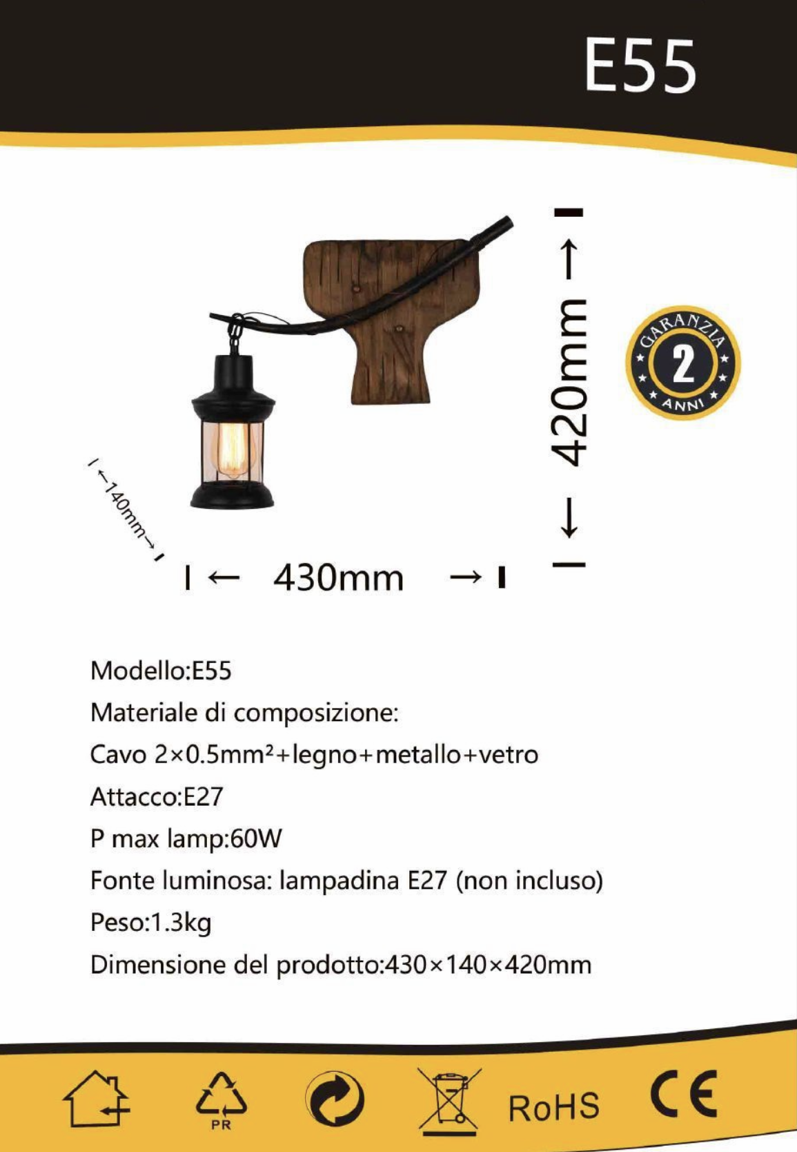TEKHOME Applique da Muro Vintage in Legno a Forma di Coda di Pesce, Portalampada E27, Design Rustico Industriale con Vetro, Lampada da Parete Interni per Taverna, Ristorante e Soggiorno – E55