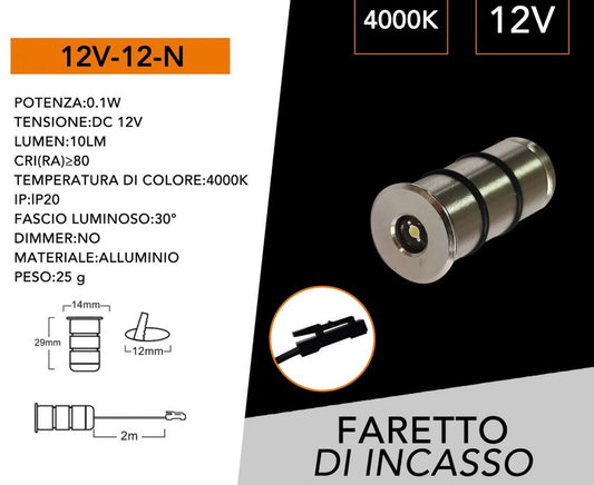 5 Pezzi Mini Faretto LED da Incasso 12V DC, 0,1W, IP20, Ø12 mm, Cavo da 2 m, Luce Segnapasso per Mobili, Vetrine, Scale, Camper e Illuminazione Decorativa, Modello 12V-12