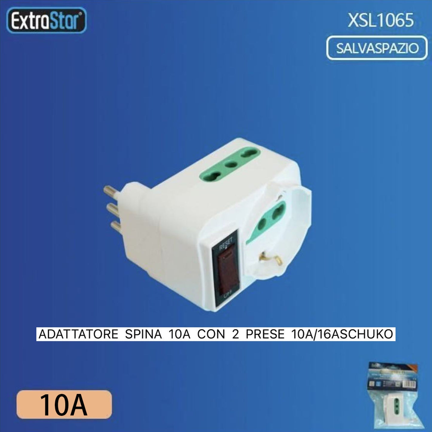5Pezzi Adattatore Spina Italiana 10A con 2 Prese (Bipasso 10/16A + Schuko), Salvaspazio con Interruttore ON/OFF 250V – XSL1065