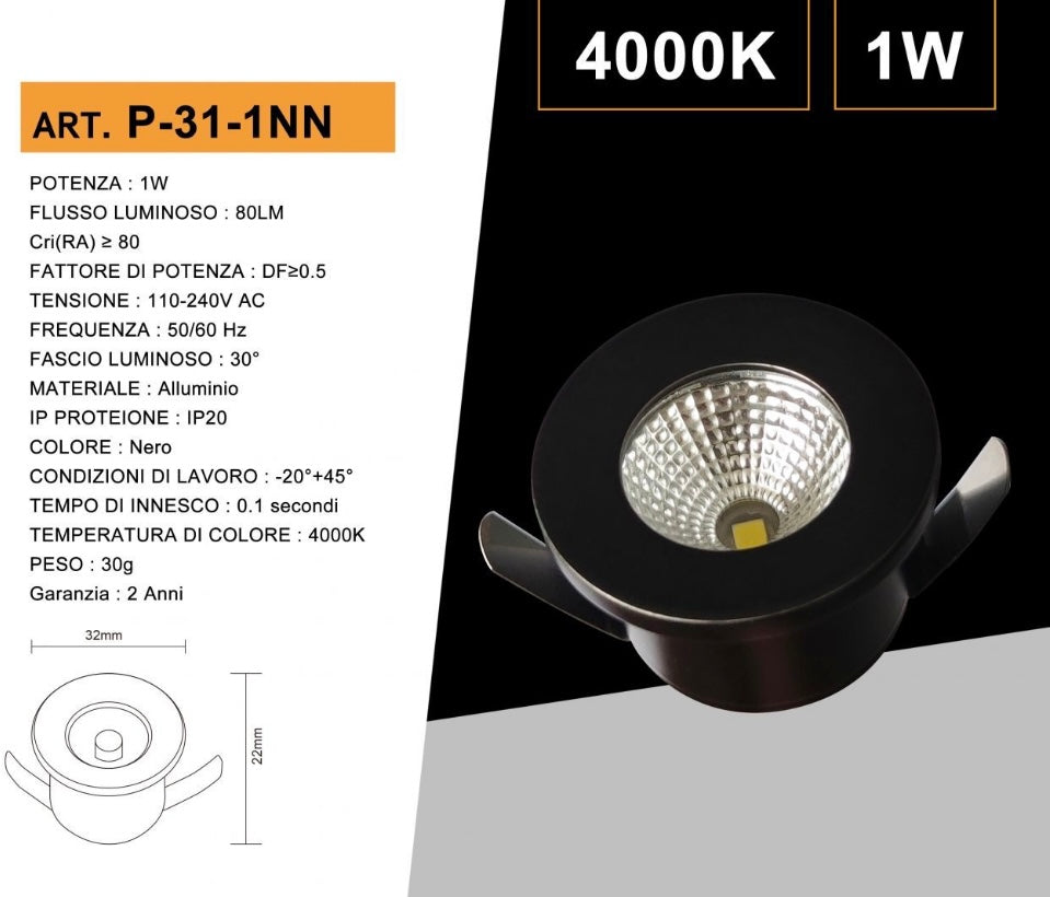 5 Pezzi,Faretti LED da Incasso 1W, Foro Ø32 mm, 80 lm, Luce 3000K/4000K/6500K o Rosso/Verde/Blu, Fascio 30°, AC 110-240V, Corpo in Alluminio, Modello P-31
