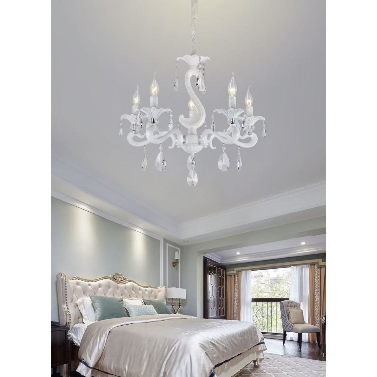 Lampadario a Sospensione Classico in Vetro e Metallo, 5 Luci E14, Stile Elegante per Soggiorno e Camera da Letto, Colori Bianco o Nero – A15-5