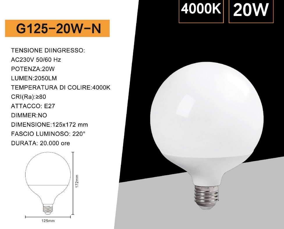 Lampadine LED E27 G125 20W, Confezione da 6 Pezzi, 2050LM, Globo Grande Ø125 mm, Luce Naturale 4000K, CRI>80, Angolo 220°,Risparmio Energetico, Modello G125-20W