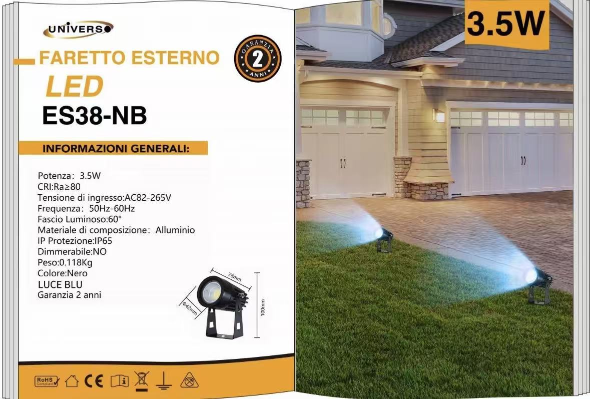 Faretto LED da Esterno 3,5W IP65, Luce Blu, Spot da Terra per Giardino e Facciata, Corpo in Alluminio Nero, Illuminazione Decorativa Outdoor – ES38-NB