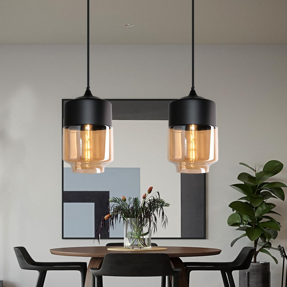 Lampadario a Sospensione E27 in Vetro e Metallo Stile Moderno Industriale, Luce Decorativa per Soggiorno Sala da Pranzo Camera da Letto – LP-14N