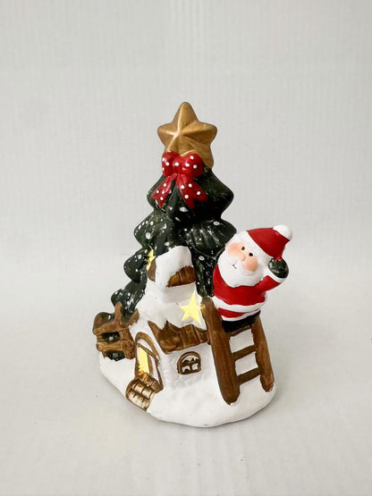 Decorazione Natalizia con Babbo Natale e Albero di Natale, Casetta Luminosa LED, Ornamento da Tavolo per Natale