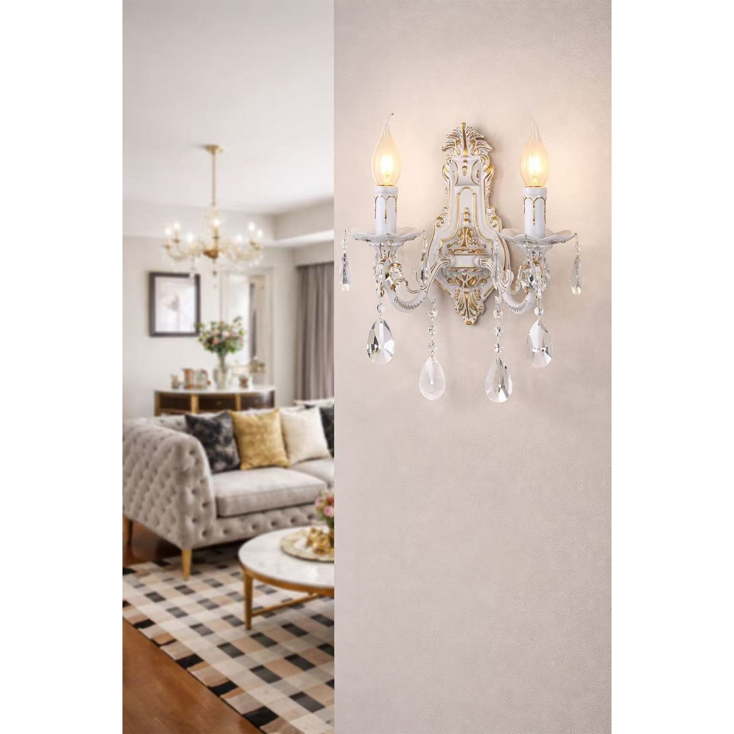 Applique da Parete Classica in Cristallo con Gocce – Lampada da Muro Stile Vintage Elegante per Camera e Salotto, Attacco E14 – E01-2