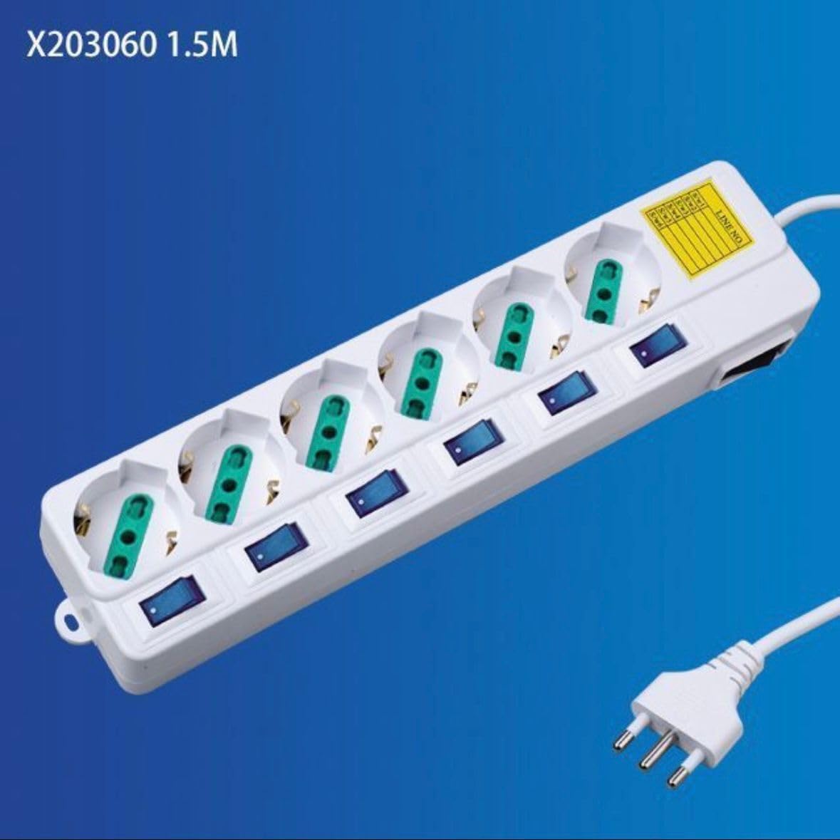 2 Pezzi Multipresa Italiana 6 Posti Bipasso 10/16A con Interruttori Singoli, Presa Multipla con Controllo Individuale, Spina 16A, Cavo 1,5 m, Bianco– C-X203060