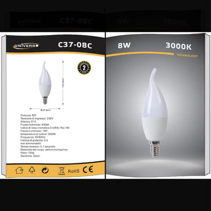 6 Pezzi Lampadina LED E14 8W Candela, Luce Fredda/Naturale/Calda, 230V, Risparmio Energetico C37-08