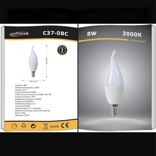 6 Pezzi Lampadina LED E14 8W Candela, Luce Fredda/Naturale/Calda, 230V, Risparmio Energetico C37-08