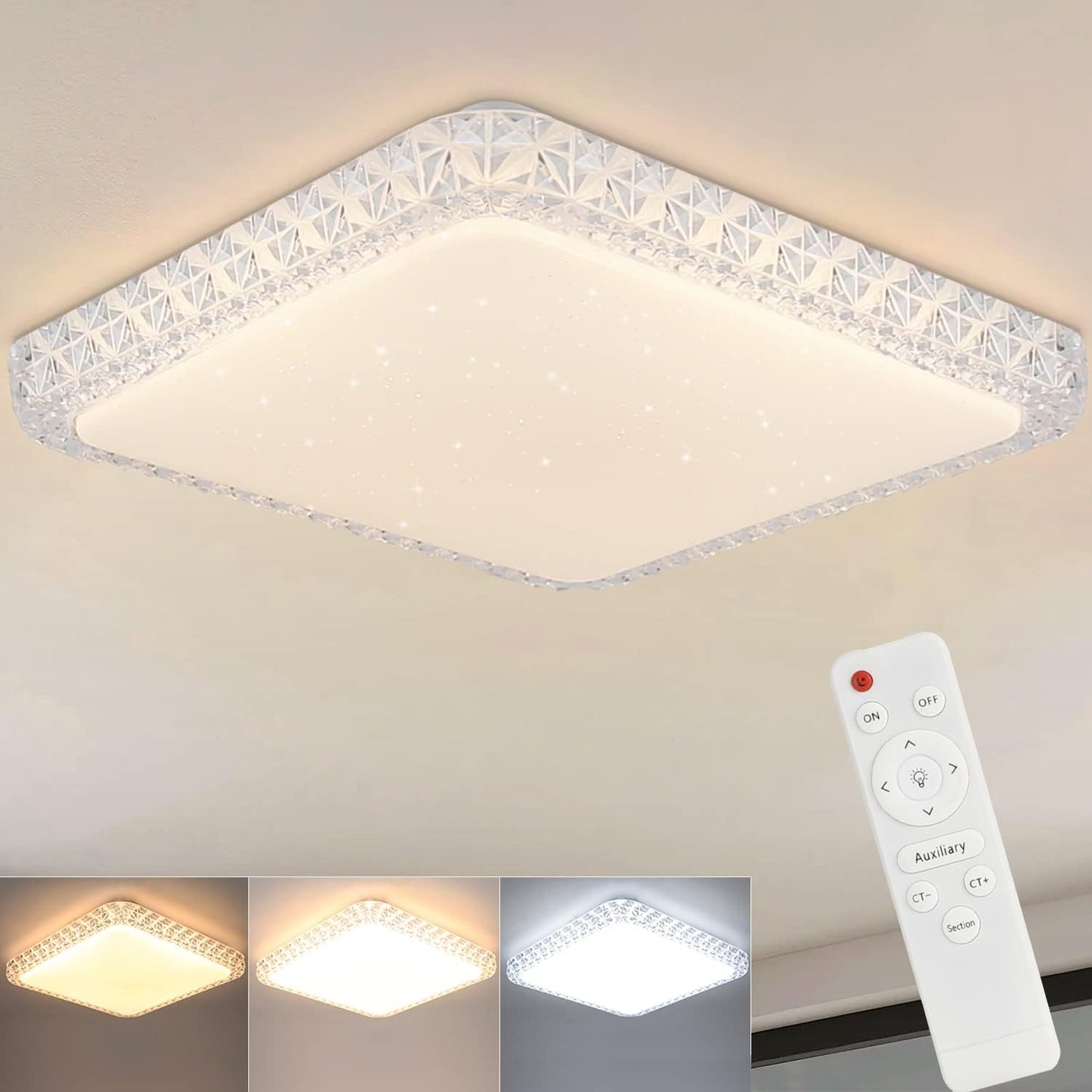 TEKHOME Plafoniera LED da Soffitto 48W Dimmerabile, Forma Quadrata, 3 Colori Selezionabili 3000K-4000K-6500K, Protezione Sovratensione, per Camera Soggiorno Cucina, Bianca C29