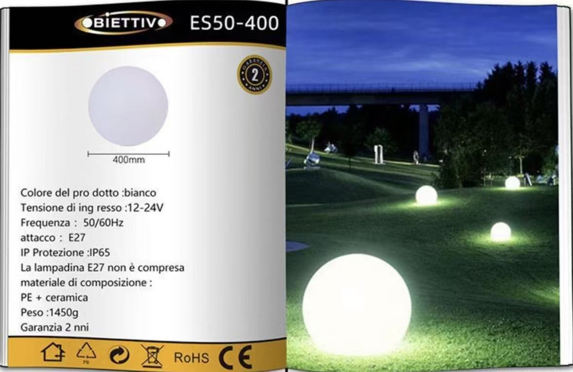 Lampada da Giardino a Sfera IP65 per Esterni, Attacco E27, 12–24V, Luce Decorativa per Giardino, Terrazza e Vialetti – Serie ES50
