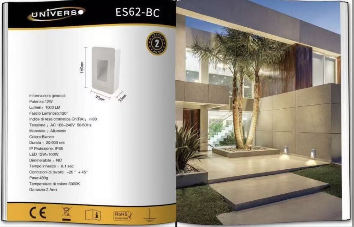 Applique da Esterno LED 12W IP65 – Lampada da Parete o Segnapasso in Alluminio, Impermeabile, Luce Decorativa per Muro, Giardino e Scale, Design Moderno ES62