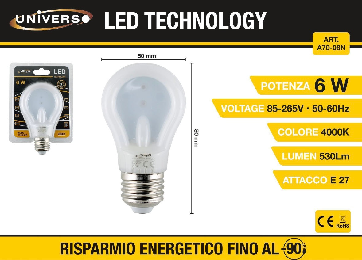 Lampadine LED E27 6W Mini, Confezione da 5 Pezzi, 530LM,LUCE3000K/ 4000K/6500K, Lampadina Compatta a Basso Consumo 85-265V, Modello A70-08