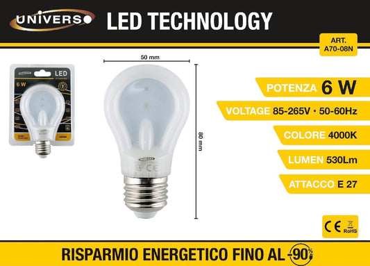 Lampadine LED E27 6W Mini, Confezione da 5 Pezzi, 530LM,LUCE3000K/ 4000K/6500K, Lampadina Compatta a Basso Consumo 85-265V, Modello A70-08