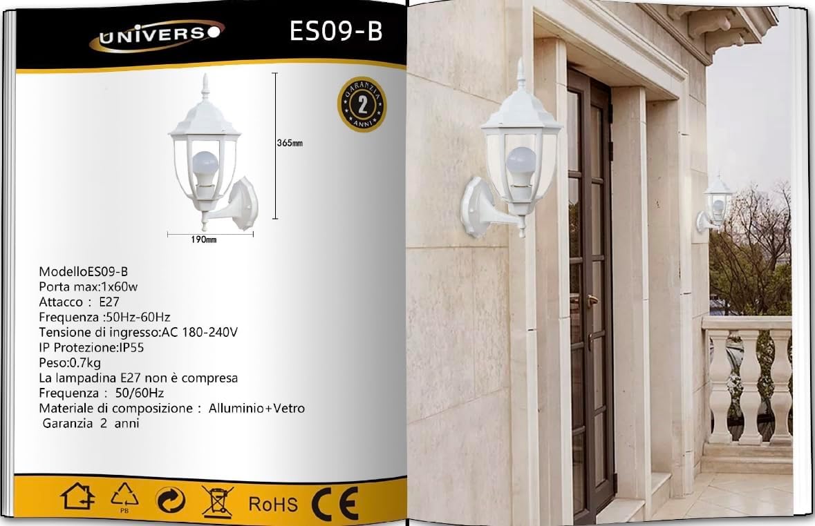 TEKHOME Lanterna da Muro per Esterno E27 IP55 – Lampada da Parete in Alluminio e Vetro, Stile Classico per Giardino, Balcone o Ingresso (Disponibile in 4 Colori) ES09