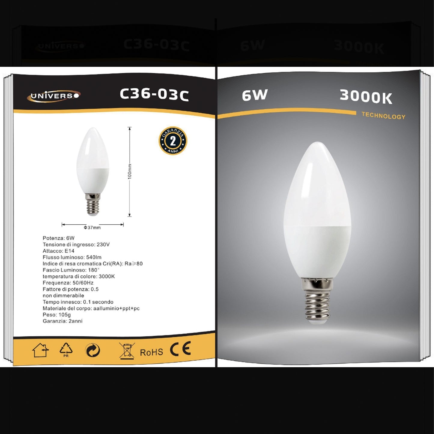 6 Pezzi - Lampadina LED E14 Candela 6W, 540 Lumen, 230V, Luce a Candela per Lampadari, Risparmio Energetico C36-03