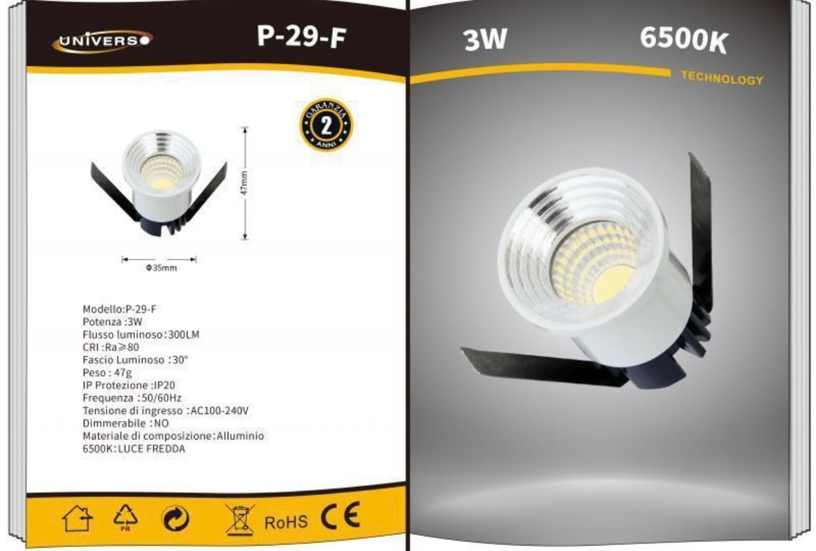 Faretti LED da Incasso 3W, Kit da 5 Pezzi, COB LED 300 lm, Foro Ø35 mm, 3000K/4000K/6500K, Fascio 30°, AC 100-240V, Corpo in Alluminio, Faretto da Soffitto per Casa, Negozi e Uffici,P-29