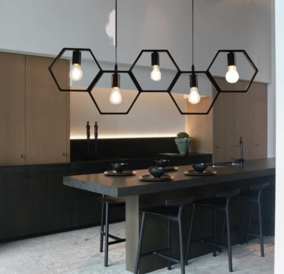 Lampadario Moderno a Sospensione in Ferro verniciato finish opaco 5 Attacchi per Lampadine 5xE27, Potenza max 1x60W 92x30 cm lunghezza filo 140 cm (Nero 5 Esagoni) LP-89N