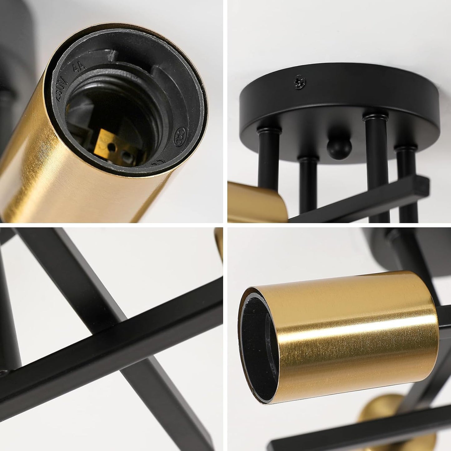 Plafoniera Industriale E27 a 4 Luci, Lampadario da Soffitto in Metallo Nero e Ottone, Attacco E27, Design Moderno Industriale per Cucina Soggiorno Camera da Letto – PN-16 (Lampadina Non Inclusa)