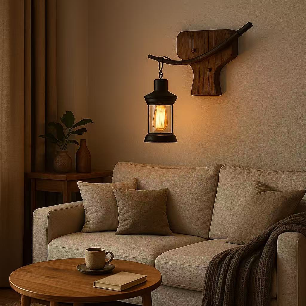 TEKHOME Applique da Muro Vintage in Legno a Forma di Coda di Pesce, Portalampada E27, Design Rustico Industriale con Vetro, Lampada da Parete Interni per Taverna, Ristorante e Soggiorno – E55