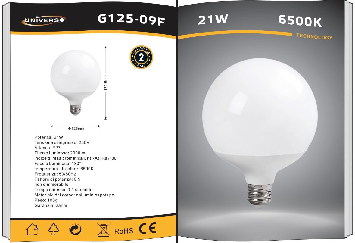 Lampadine LED E27 G125 21W, Confezione da 6 Pezzi, 2000LM, Globo Grande Ø125 mm, Naturale 4000K, CRI>80, Angolo 220°, Risparmio Energetico, Modello G125-09N