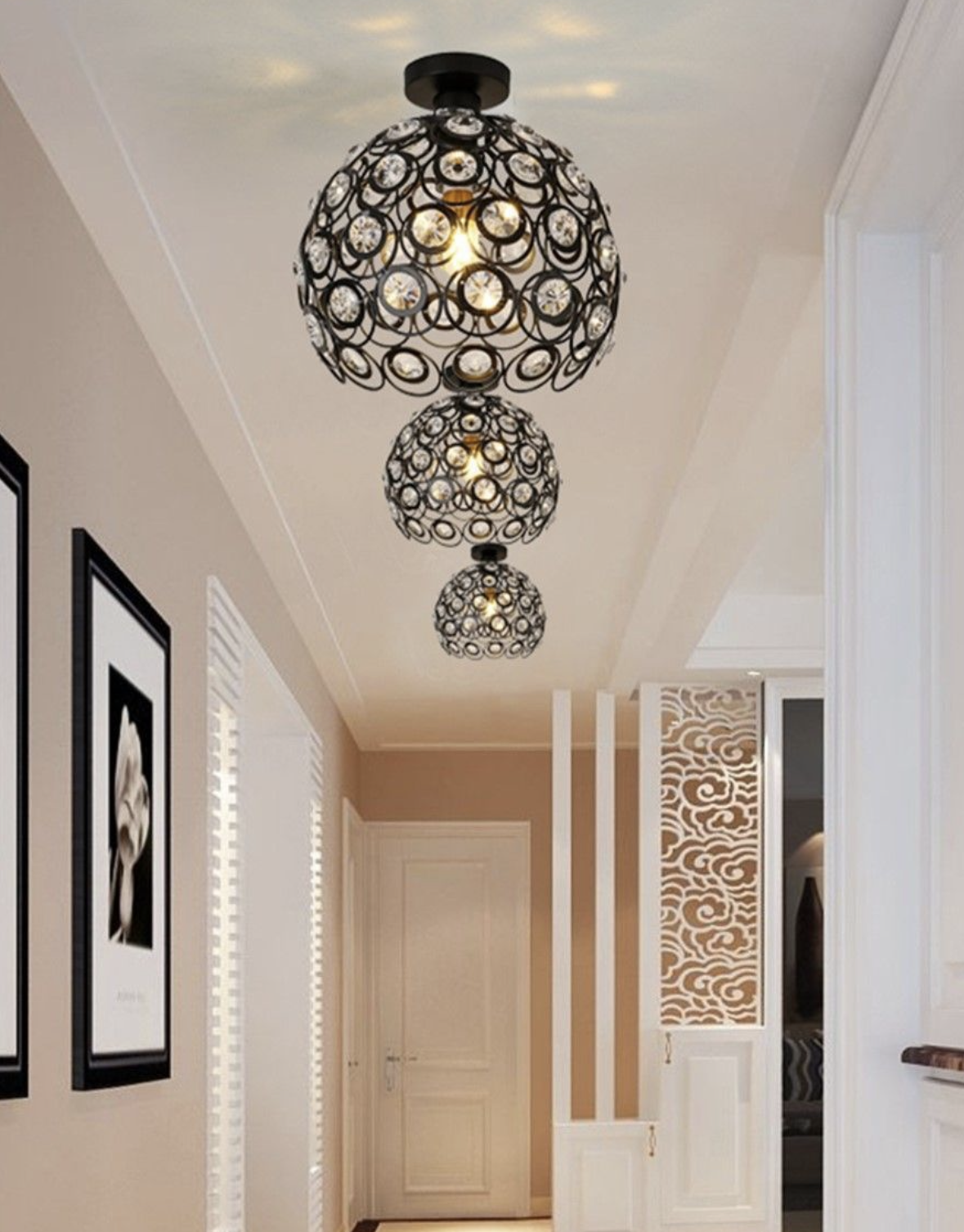 TEKHOME Lampadario da Soffitto a Sfera in Cristallo, Attacco E27, Nero e Bianco, Senza Lampadina, Stile Moderno, per Camera da Letto, Soggiorno, Corridoio, Ø28cm C23