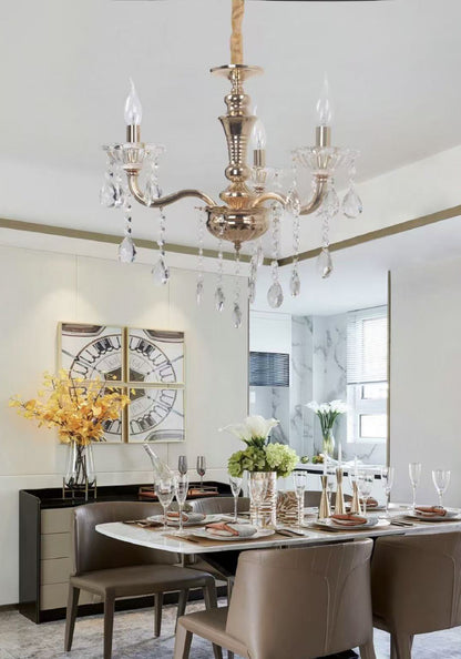 TEKHOME Lampadario Sospeso a 3 Luci Stile Candela con Cristalli, Design Classico, Attacco E14 40W, per Ingressi e Camere, Disponibile in Oro e Cromo, 51cm (Senza Lampadine) A26
