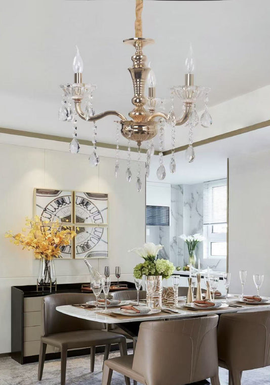TEKHOME Lampadario Sospeso a 3 Luci Stile Candela con Cristalli, Design Classico, Attacco E14 40W, per Ingressi e Camere, Disponibile in Oro e Cromo, 51cm (Senza Lampadine) A26