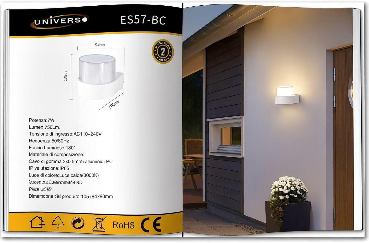 Applique da Esterno 7W 3000K IP65 – Lampada da Parete Impermeabile in Alluminio, Luce Calda, Design Moderno, Ideale per Facciata e Balcone ES57