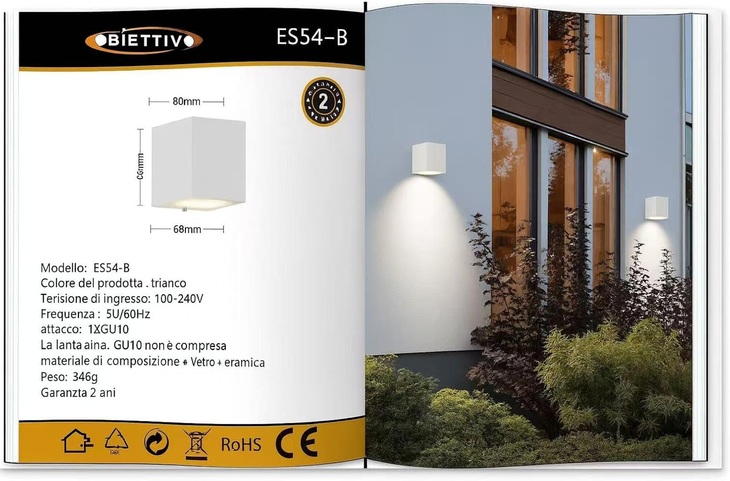 Applique da Esterno 1xGU10 IP65 – Lampada da Parete Impermeabile in Alluminio Verniciato, Design Moderno Quadrato, Senza Lampadina, per Giardino e Facciata ES54