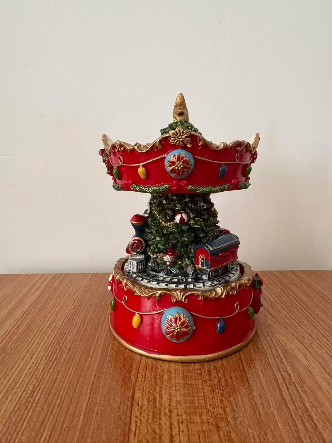 Carillon di Natale Rotante con Babbo Natale e Trenino, Giostra Musicale Natalizia con Movimento, Decorazione Natalizia da Tavolo Ø12×H16,5 cm 423507