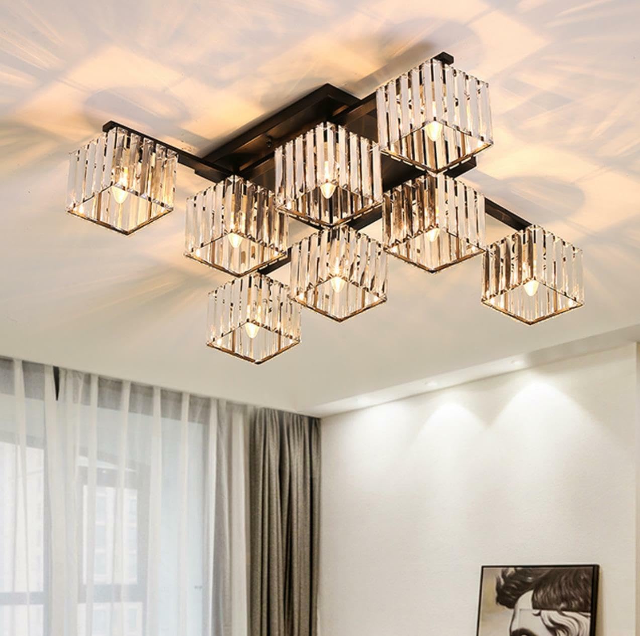 TEKHOME Lampadario da Soffitto 8 Luci E27, Stile Moderno Quadrato in Cristallo, Attacco E27 Max 60W, Struttura in Metallo Nero, Senza Lampadine, per Soggiorno Sala da Pranzo Interni C28-8