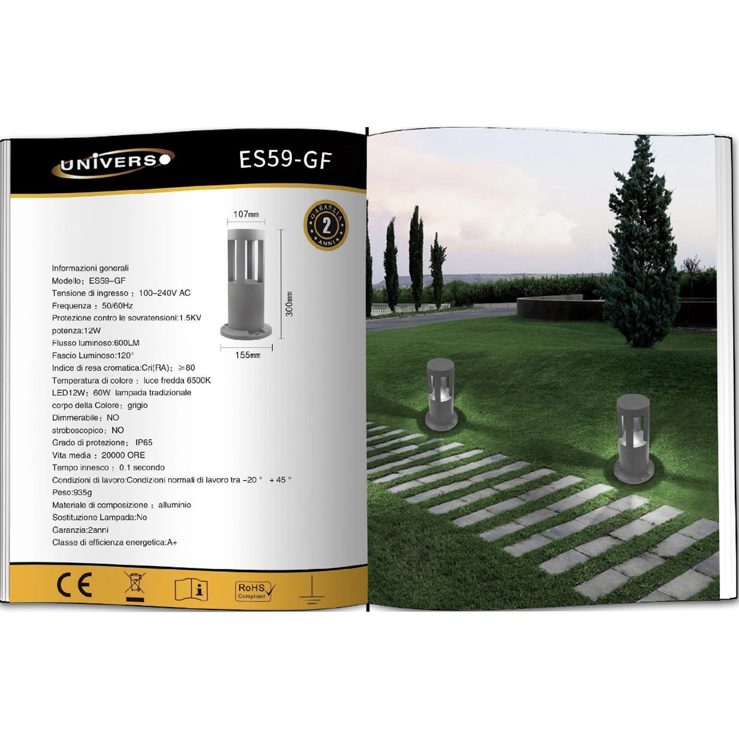 Lampada da Giardino LED IP65 12W 600LM | Paletto Luminoso per Esterno in Alluminio | Luce Calda/Naturale/Fredda | Grigio – Serie ES59