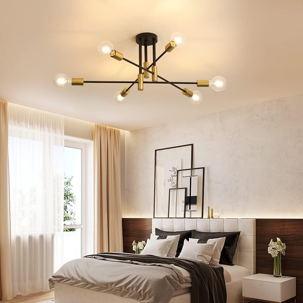 Plafoniera Moderna a Soffitto E27, Lampadario 6 Luci in Metallo Nero e Ottone, Stile Industriale per Soggiorno Cucina Camera da Letto – Attacco E27 (Lampadina Non Inclusa) PN-14