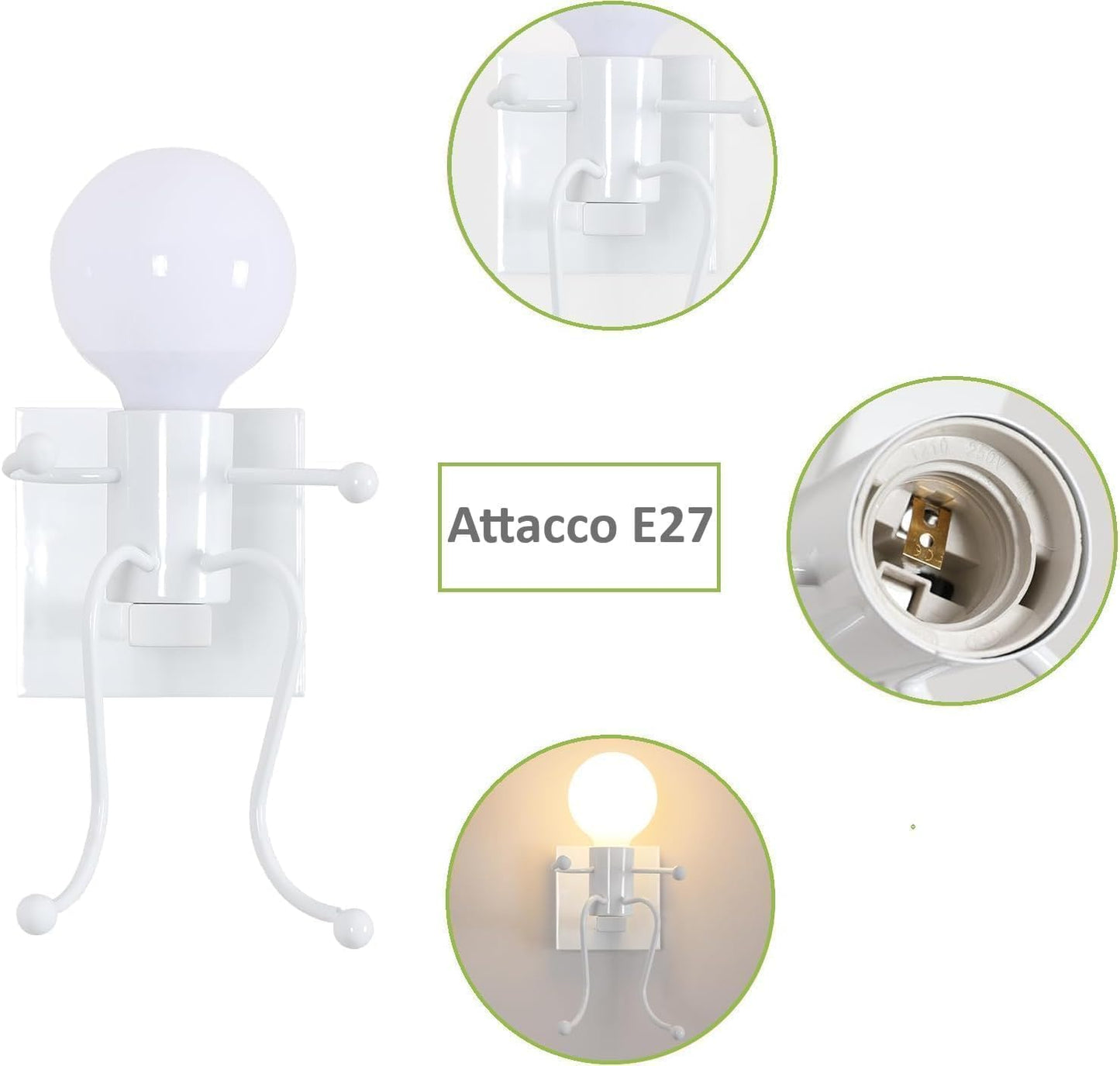 TEKHOME Applique da Muro Design Creativo con Figura Umana, E27 1x60W, Metallo Bianco/Nero, Lampada da Parete Moderna per Camera da Letto Soggiorno Corridoio AQ51