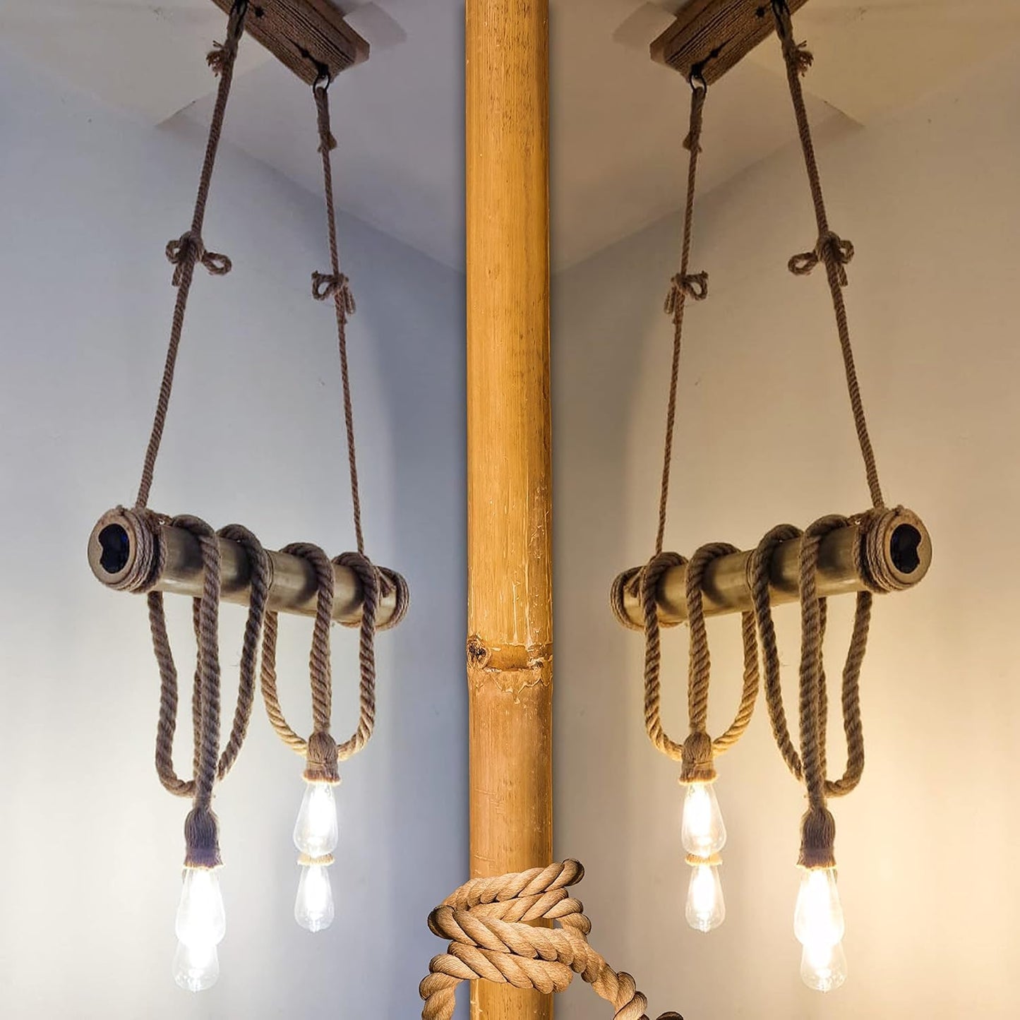Lampadario Vintage Retro in Corda di Bambù con 4 Teste a Sospensione, Lampadario Corda Canapa Industriale 40W E27 per Cucina Soggiorno Sala da Pranzo Bar Caffè Ristorante Pizzeria Locale  B23