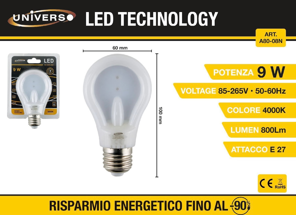 Lampadine LED E27 9W, Confezione da 5 Pezzi, 800LM, 3000K/4000K/6500K,Lampadine a Basso Consumo 85-265V, Non Dimmerabili, Modello A80-08
