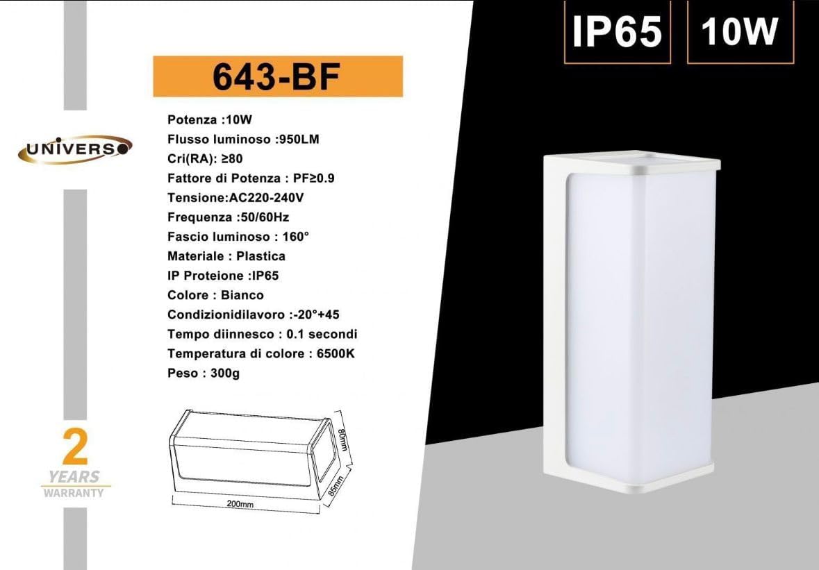 Applique da Esterno LED IP65 10W – Lampada da Parete Moderna Rettangolare per Esterno e Interno, 3000K/4000K/6500K, Bianco o Nero, 950 Lumen, Impermeabile 643